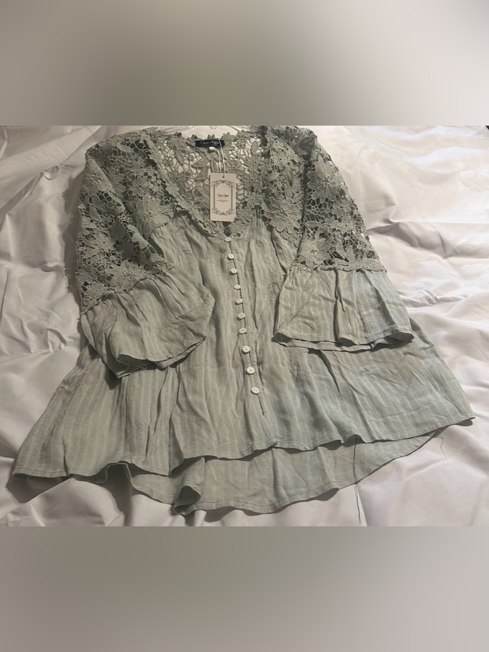 #B14 Anthropologie Light Sage Green Crochet Yoke Button-Front Blouse